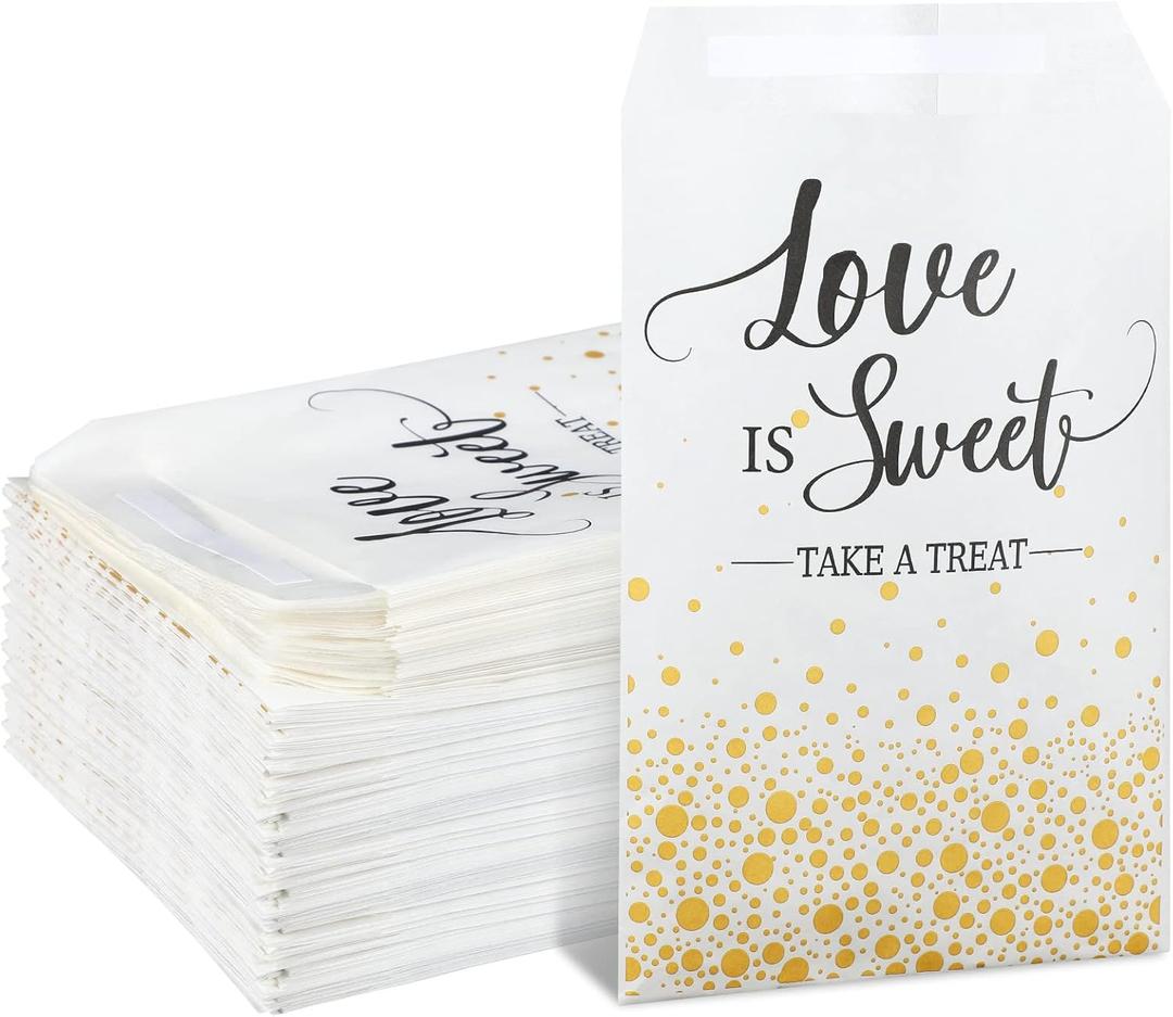 Woanger 300 Pcs Wedding Favor Buffet Bags Bulk 5 x 7 Inch Love Is Sweet Themed Treat Paper Bags White Self Adhesive Wedding Gift Candy Cookie Party Favor Wrap Supplies for Birthday Bridal Baby Shower