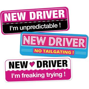 Playful New Driver Car Magnets, 3 Pack Reflective Bumper Magnets, Removable Novice Rookie Safety Attention Signs, Fade-Resistance, Gifts for Girl New Drivers, 10" x 3.5"