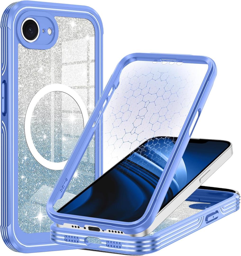 Hekodonk for iPhone 16e Case 2025, Compatible with Magsafe [Built-in Tempered Glass Screen Protector & Camera Lens Protection] Full Body Shockproof Protective Women Girl Bling Case,Blue Glitter