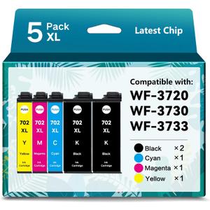 for 702XL Ink Cartridges Combo Pack Remanufactured for Epson 702 Ink Cartridge 702 XL T702XL for Workforce Pro WF-3720 WF-3730 WF-3733 Printer (5 Pack)
