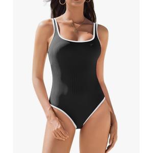 AI'MAGE Womens One Piece Swimsuit Ribbed High Cut Bathing Suit Color Block Sport Swimwear with Adjustable Strap,M