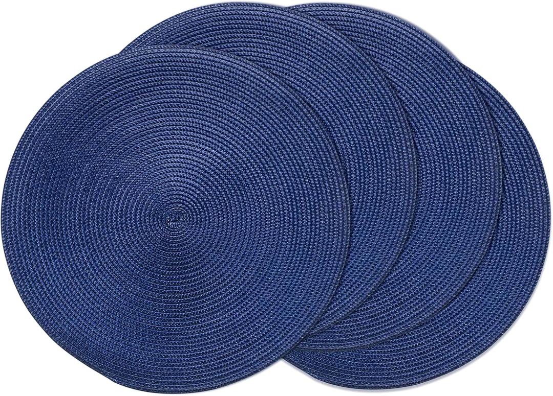 AHHFSMEI Round Braided Placemats 15 Inch Round Table Mats for Dining Tables Natural Woven Heat Resistant Place mats Set of 4 (Navy Blue,4)