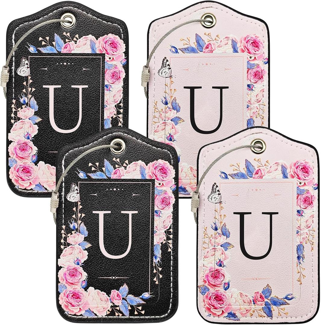 Initial Luggage Tags for Suitcases 4 Pack TSA Approved, PU Leather Luggage Suitcase Tags for Travel Baggage Name Personalized, Bag Tags for Easy Identification - Black & Pink Floral (Letter U)