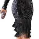 Cololura Sexy Elegant Women Sequin Short Sleeve Tassel Bodycon Midi Dress Party Evening Gown Formal Dress (Black), XL