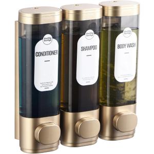 Shampoo and Conditioner Dispenser, Refillabe Shower Soap Dispensers 3 Chamber No Drill Shampoo Dispenser for Shower Wall Mounted 3 * 300ml Container for Bathroom Hotel (Bronze Gold 3 Chamber)