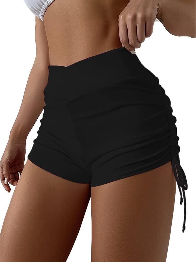 HYTENSUN Women's High Waisted V Cut Swim Shorts Ruched Board Shorts Tie Side Swimsuit Bottoms (Large, Black)
