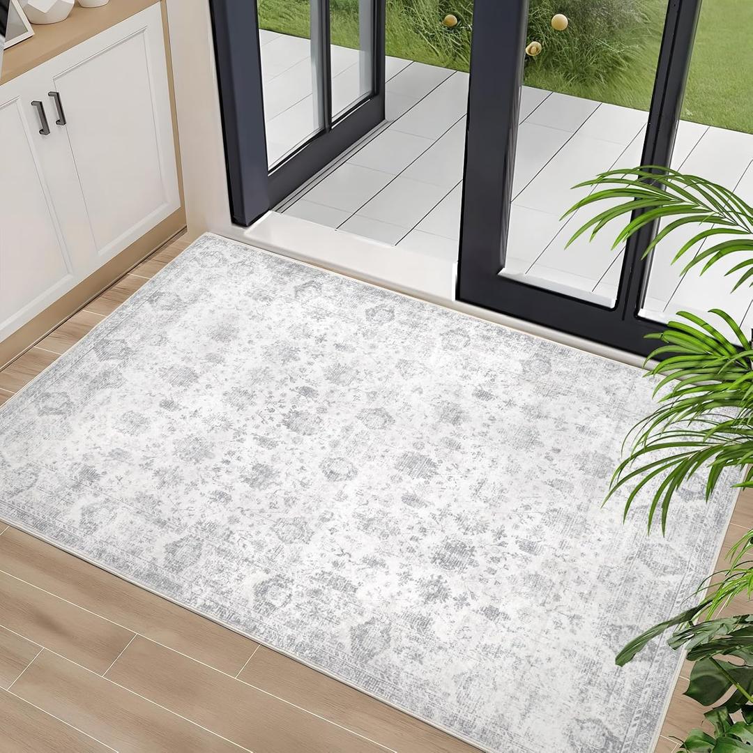 Washable 23 Area Rug for Entryway Indoor, Vintage Floral Small Area Rug Soft Non Slip Stain Resistant Boho Carpet for Front Door Dinning Room Kitchen Bedroom Grey