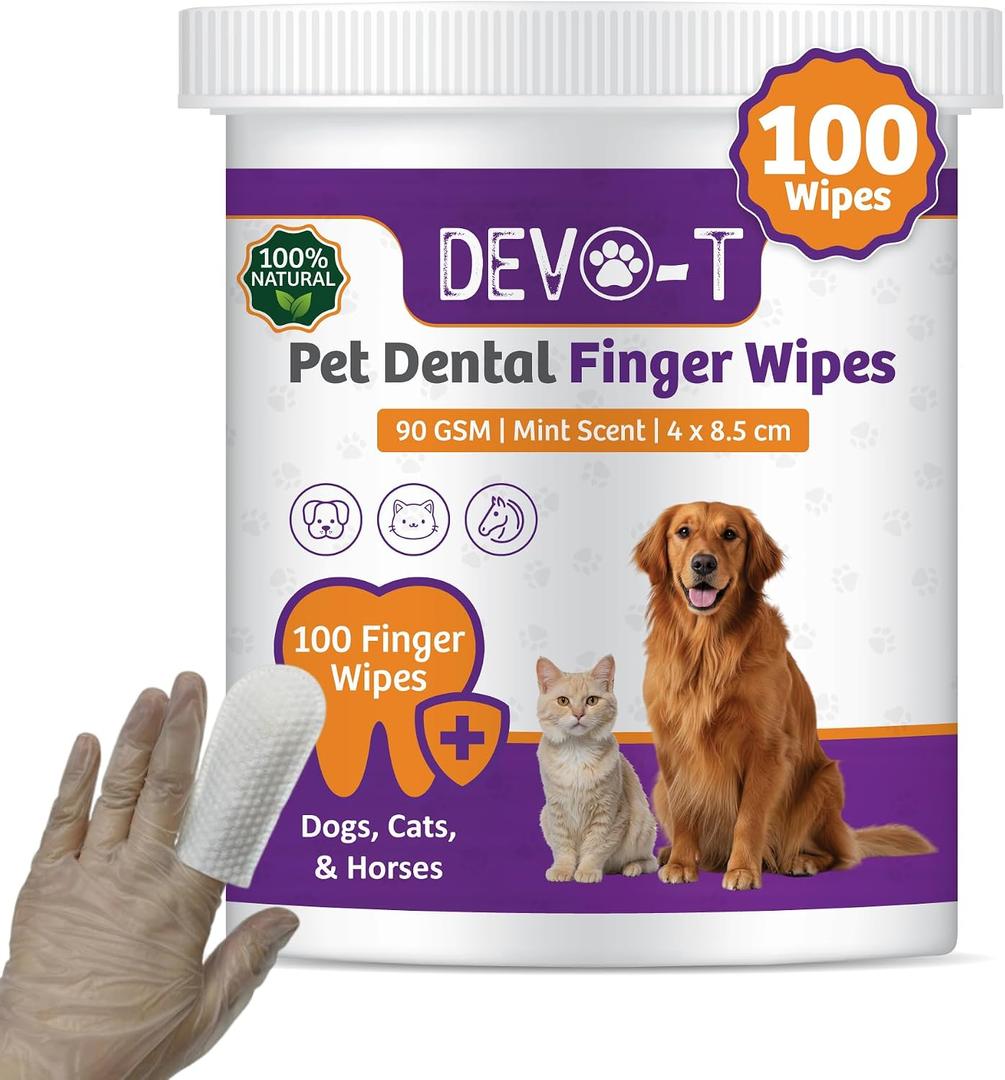 DEVO-T 100% Natural Dog Teeth Cleaning Wipes Mint Scented | 100 Count | Pet Teeth Cleaning Finger Wipes for Dogs, Cats & Horses | Remove Bad Breath, Plaque & Tartar Buildup | Dog Dental Wipes Finger