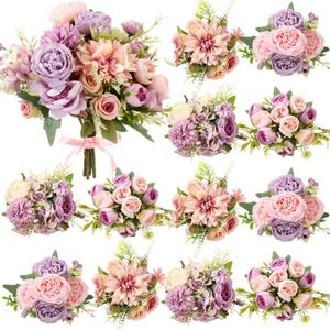 Zeyune 12 Bundles Lavender Purple Artificial Flowers Peonies Silk Dahlia Faux Rose Fake Chamomile Hydrangea Bouquet Floral Arrangements Bulk for Home Vase Wedding Party Table Centerpiece (Peonies)