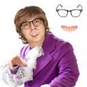 Miss U Hair Short Wavy Brown 70's Wigs for Men with Glasses Fake Teeth Halloween Party Wig Set
