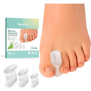 Welnove Upgraded Gel Toe Separators  16-Pack Aloe Vera Extract Infused Silicone Toe Spacers for Straightening Overlapping Toes, Bunions, Calluses  Bunion Corrector for Men and Women (3 Sizes)