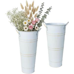 vensovo 9" Tall Galvanized Flower Bucket, 2 Pcs French Metal Vases with Handles, Tabletop Rustic Floral Buckets for Dried Flowers, Wedding Flower Bar & Home Decor, Distressed White