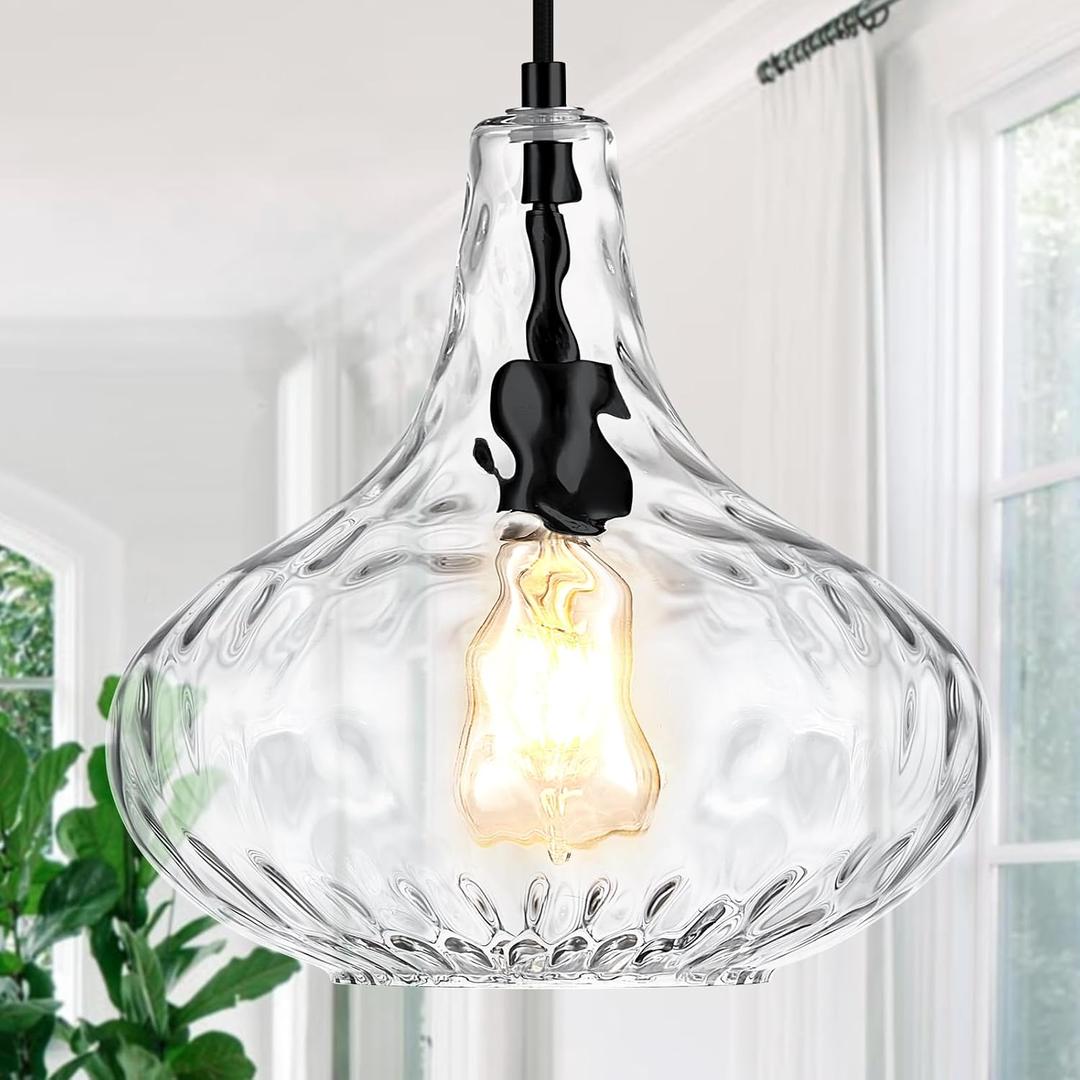 Glass Large Pendant Lights for Kitchen Island Blown Glass Pendant Light Clear Hammered Shade Hanging Ceiling Lights with Black Finish for for Kitchen Island, Sink, Hallway, Living Room 11 inch