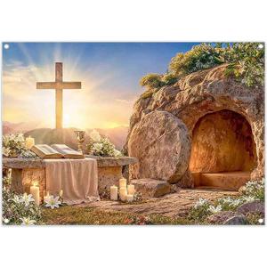 Fabric 7x5ft Easter Jesus Empty Tomb Photography Backdrop He is Risen Christ Cross Resurrection Holy Light Stone Background Christian Church Party Decorations Photo Props
