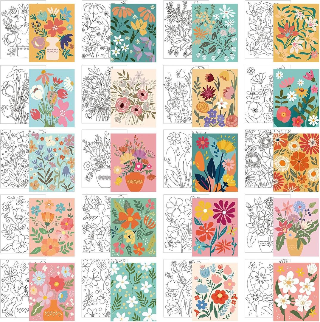 Sherr 20 Pcs Stretched Pre Drawn Canvas Afro Queen Black Art for Painting for Adults Outline Pre Drawn Stretched Cotton Canvas to Paint Party Set, 8 x 10''(Floral)