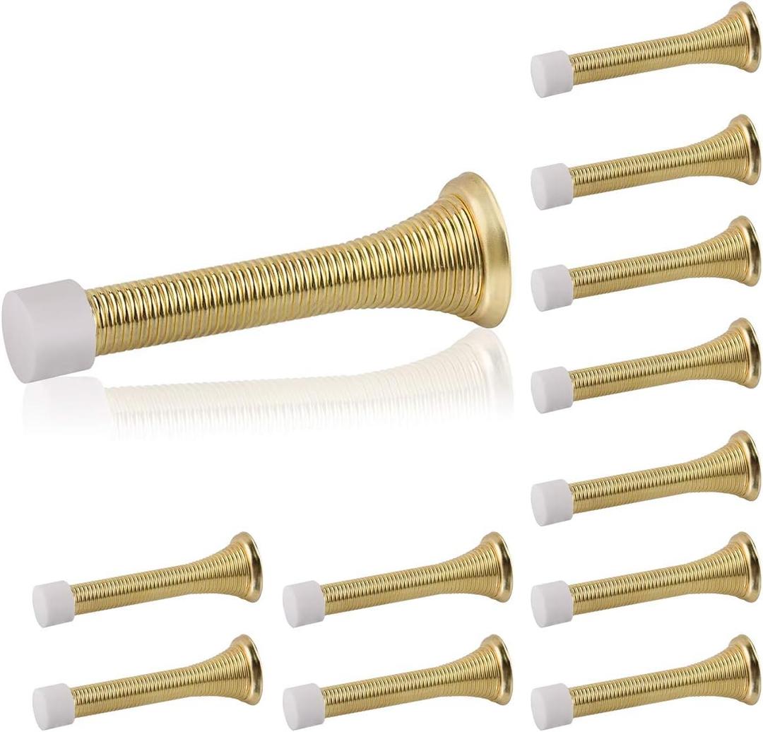 HOMOTEK 12 Pack Spring Door Stopper with Rubber Bumper 3-1/8" Flexible Spring Heavy Duty Wall Door Stop Low Mounted Door Bumper for Home (Bright Brass)