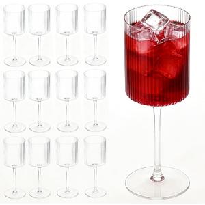 24 PCS 9oz Unbreakable Acrylic Goblets - Clear Ribbed Red Wine Glasses, Elegant Reusable Stemmed Wine Cups for Family Gatherings, Birthday Parties & Weddings