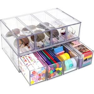 Desk Organizer with 8 Drawers, FODIENS 2 Packs Stackable Desktop Storage Box with Removable Drawer, Clear Sunglasses Organizer Display Case for Stationery Marker Pens Eyeglasses Office Supply