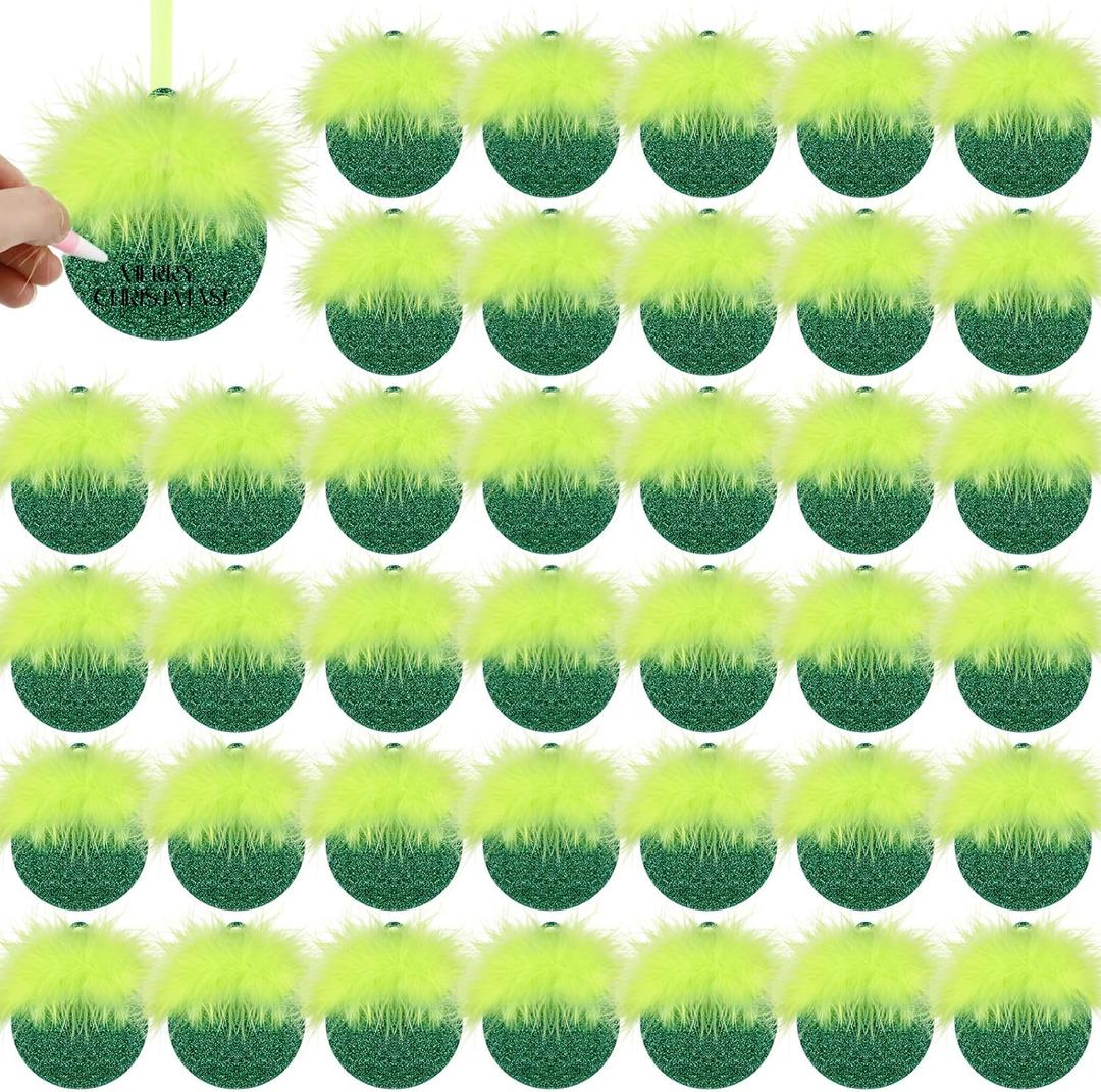 Novabright 48 Pcs Lime Green Christmas Ornaments Christmas Wood Cutouts with Fuzzy Lime Green Hair Hanging Glitter Wooden Baubles for Xmas Tree Home Decor Craft