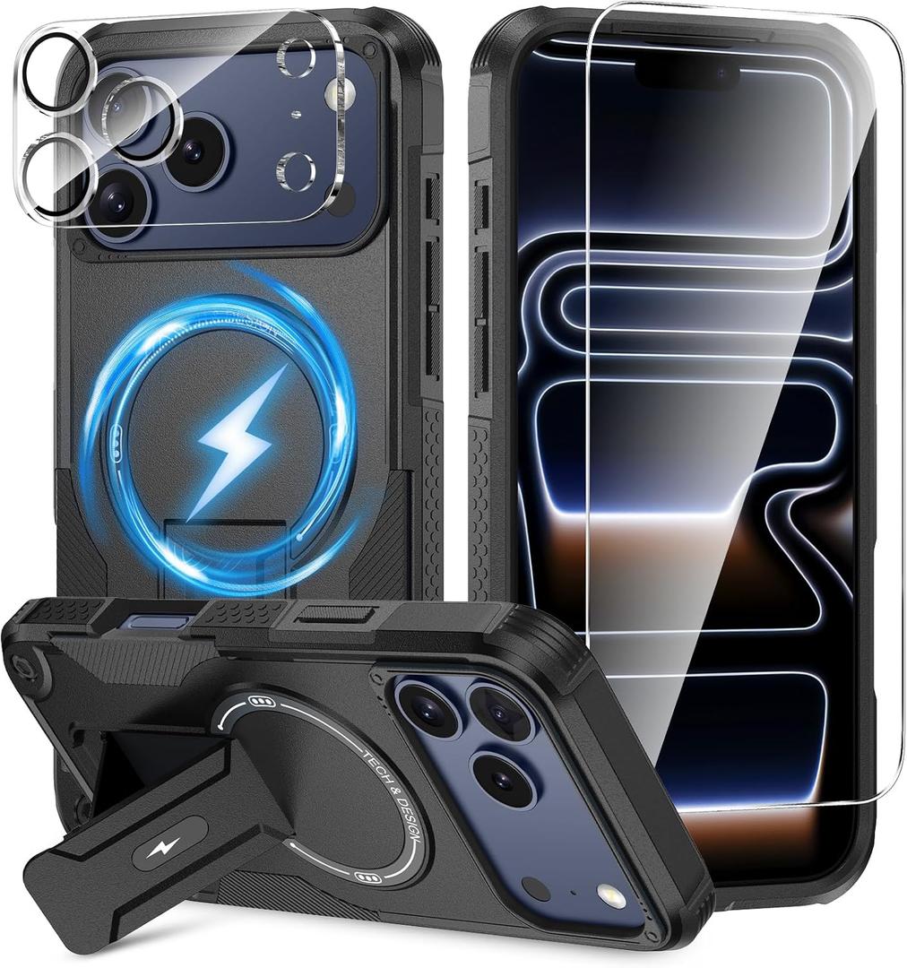 3 in 1 for iPhone 17 Pro Max Case [Compatible with MagSafe] [Invisible Kickstand] [HD Screen Protector] [Camera Lens Protector], Protective Magnetic Phone Cover for iPhone 17 Promax (Black)