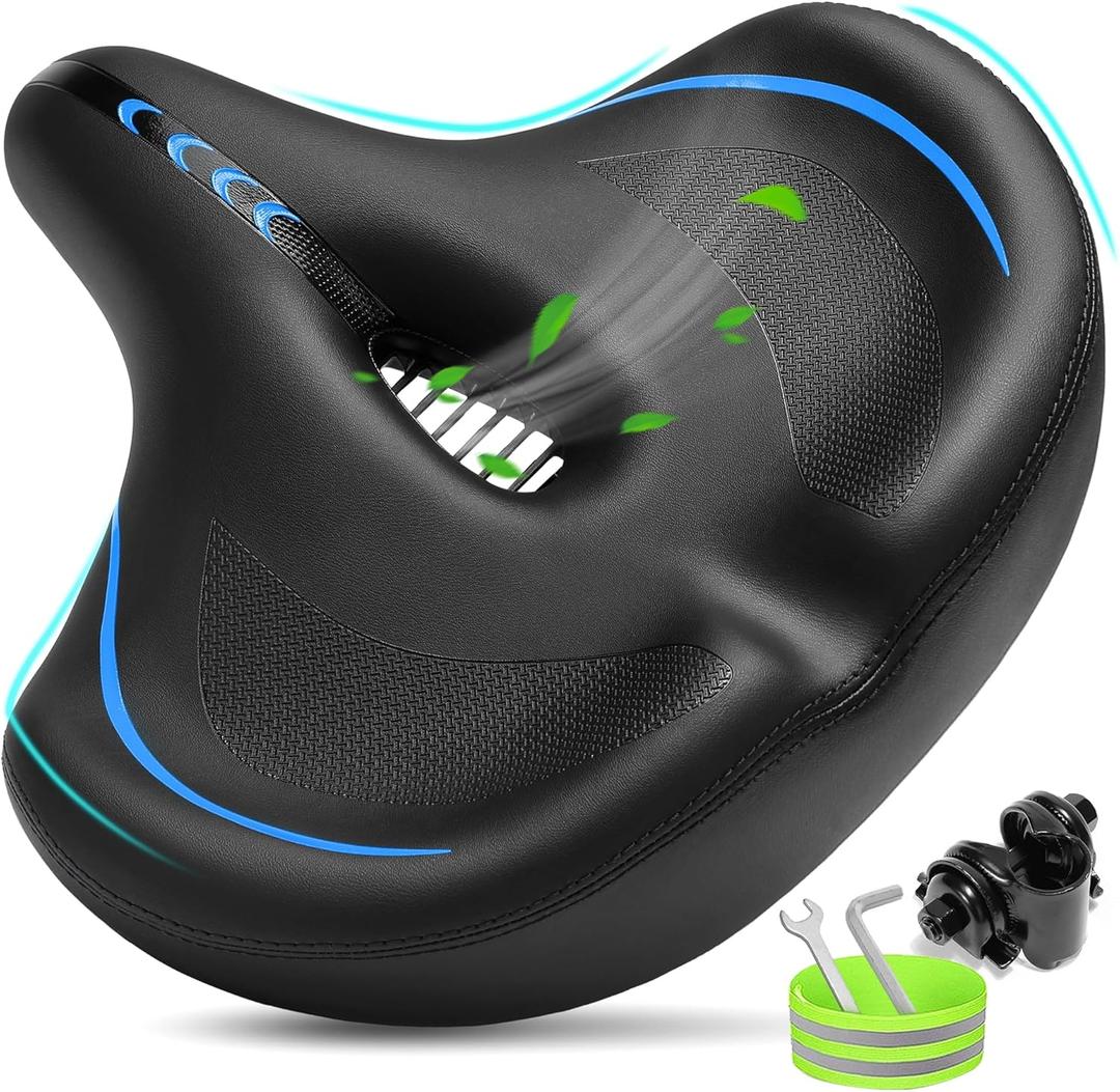 Oversized Bike Seat for Men & Women Comfort, Extra Wide Bicycle Seat Cushion, Comfortable Soft Padded, Large Replacement Bike Saddle for Peloton Bike, Stationary Exercise Bike, City Bike, Ebike (Blue)