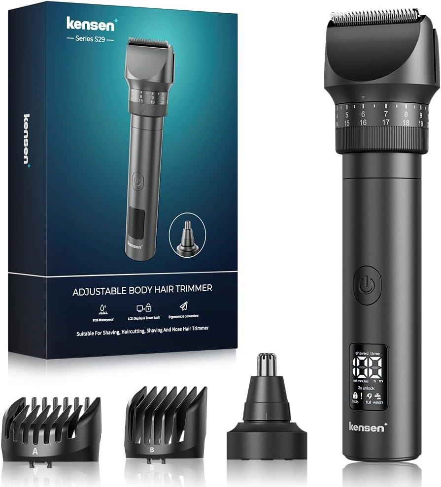 Kensen Beard Trimmer for Men - 42 Adjustable Length Settings Hair Clippers, Professional Body Hair Trimmer for Men Precision Facial Hair Trimming IPX6 Waterproof Nose Trimmers LED Display Mustache Trimmers (Black)