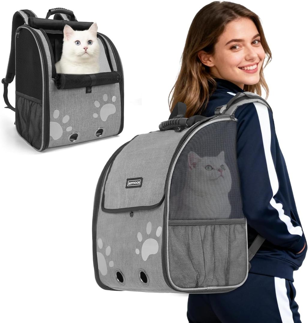 Cat Backpack Carrier with Comfort Handle, Ventilated Cat Backpack with Reflective Strips, with Chest and Shoulder Buckles, Foldable Cat Carrying Backpack for Kitty Small Dog up to 15lbs(Grey).