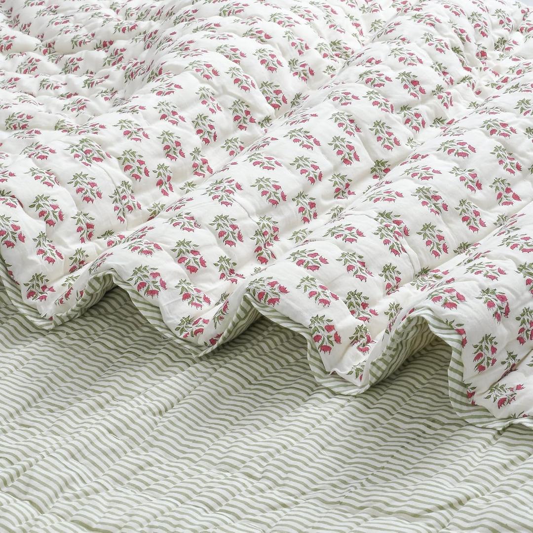 Ridhi Block Print Marmalade, Green and Taupe Color Throw Blanket 100% Cotton Quilt, Cover for Couch and Bed, Sage Lap Bedding Coverlet, Luxury Oversized Quilted Throw Twin 60" X 90"