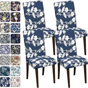 Chair Covers Dining Room Set of 4,Printed Patterned Stretch Non Slip Chair Slipcover Removable Washable Kitchen Chair Protector Cover for Home Hotel Banquet Party Office (Dark Navy White Orchid Leaf)