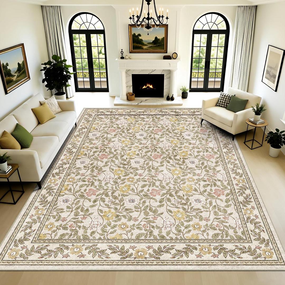 8x10 Area Rugs for Living Room, Floral Vintage Washable Large Soft Non-Slip Low Pile Carpet Indoor Floor Stain Resistant for Bedroom Dining Room, Beige/Multi