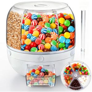 Palksky Candy Dispenser 360 Rotating with 6 Compartments, Airtight Dustproof Lid & Wide Opening, One-Click Output Large Capacity Candy Machine for Candy, Snacks, Nuts, Chocolates, and Cereals