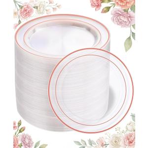 bUCLA 100PCS Clear Rose Gold Plastic Plates Disposable - Heavy Duty 6.25 Inch Clear Plastic Dessert Plates with Rose Gold Trim - Ideal for Party, Wedding & Mother's Day