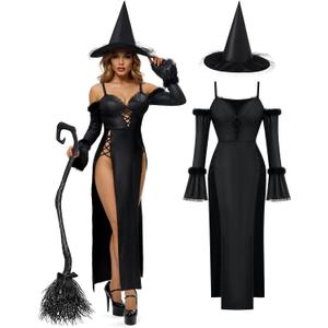 Spooktacular Creations 2 Pcs Witch Costume Women, Halloween Costume 2025 with Witch Dress Hat Accessory for Halloween Cosplay (Black, L)