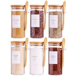 6 Pcs Glass Containers with Bamboo Lids and Spoons - 10 oz Sugar Container with 148 Kitchen Pantry Spice Jar Labels Preprinted - Glass Spice Jars with Wooden Lids Hold Coffee, Tea, Candy, Herbs