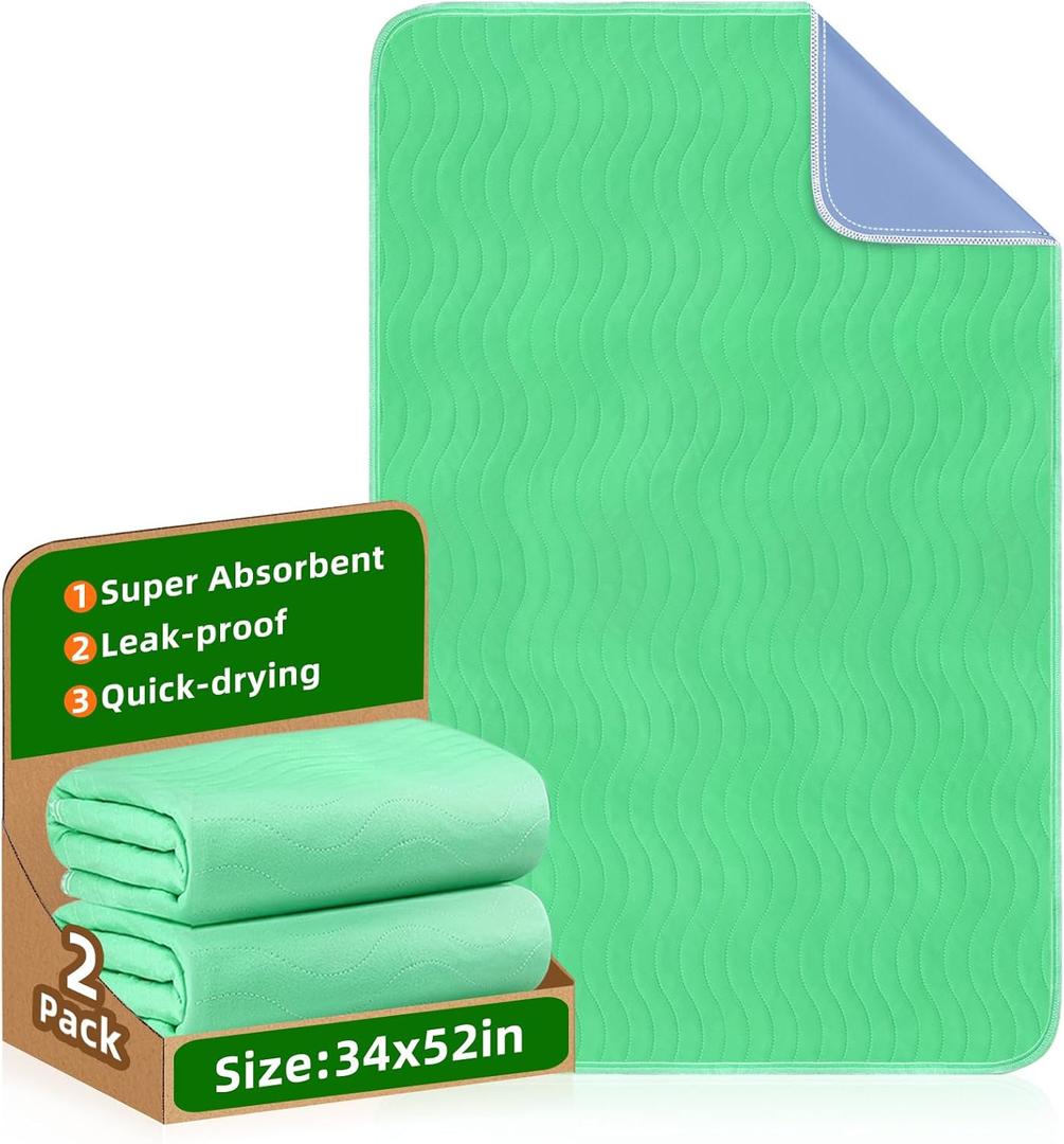 Bed Pads Washable Waterproof (2 Pack, 34"  52"): Extra Heavy Absorbency, Reusable Bedwetting Incontinence Underpads for Kids, Baby, Adults, Elderly & Pets, Protective Pad for Bed, Sofa, Couch, Floor