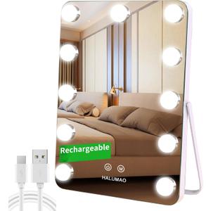 halumao Vanity Mirror with Lights, Rechargeable Makeup Mirror, 14.6" Lighted Makeup Mirror for Dressing Room & Bedroom，Memory Function