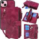 Lacass Compatible with iPhone 14 / iPhone 13 6.1 inch Case [ Card Slots] ID Credit Cash Holder Zipper Pocket Detachable Magnet Leather Wallet Cover with Wrist Strap Lanyard(Floral Wine Red)