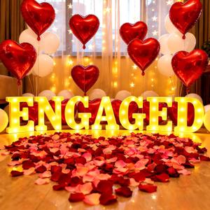 Engaged Decorations, Engaged Light Up Letters Sign with Rose Petals, Aluminum Balloons, Round Pearlescent Balloon, Double Sided Tape for Valentine's Day Wedding Romantic Party,  Size: 5.51"×6.29"
