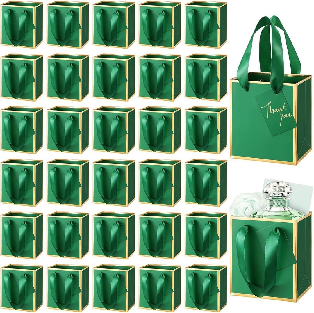 Yeaqee 50 Pcs Mini Metallic Paper Gift Bags with Handles 4x2.75x4.5'' Tiny Small Gift Bags with Thank You Tag for Wedding Graduation Birthday Party Return Gifts Jewelry Business (Dark Green,Gold)