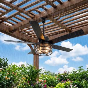 52" Weatherproof Outdoor Ceiling Fan with 4 E12 Base, Plug-in Caged Patio Fan, 6-Speed Remote & App Control, Reversible DC Motor, Matte Black