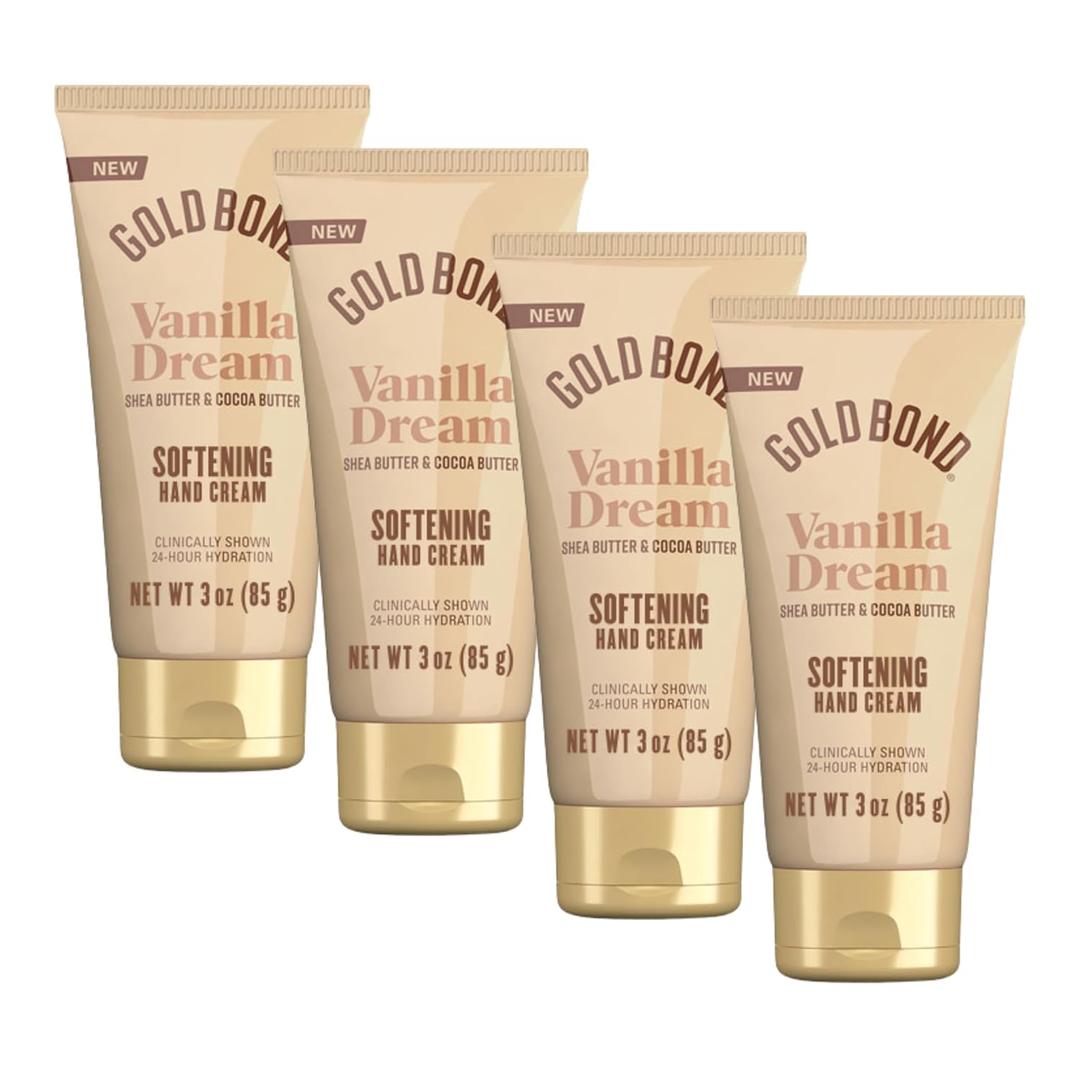 Gold Bond Vanilla Dream Softening Hand Cream, Luxurious Everyday Hand Cream with Shea Butter to Help Boost Skin Moisture and Cocoa Butter to Help Soften Skin, Warm Vanilla Dream Scent, 3 oz, 4 pk
