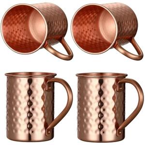 Moscow Mule Pure Copper Mugs - Set of 4 - Handmade of 100% Pure Copper -Hammered Finish-Riveted Handle