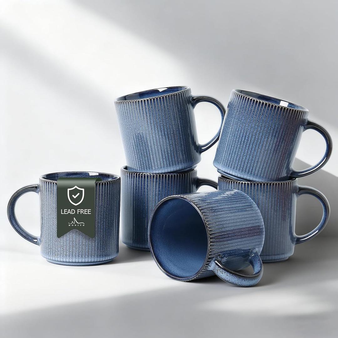 MONITO 16Oz Coffee Mugs Set of 6, Rustic Ceramic Coffee Cups Set with Large Handle, Vintage Striped Stoneware Coffee Mugs for Latte, Cocoa, Tea, Milk, Microwave & Dishwasher Safe, Deep Blue