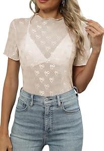 ZOOMOON Womens Lace Mesh Blouse Short Sleeve Sheer Top Summer Mock Neck Shirt Beige, Large