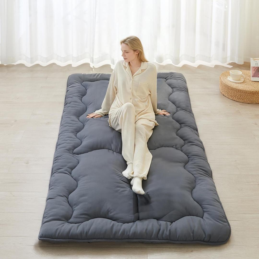 SAPHREAS Japanese Futon Mattress Floor Mattress Twin, Foldable Roll Up Bed Mattress Topper with Elastic Straps, Tatami Mat Sleeping Pad for Camping, Grey