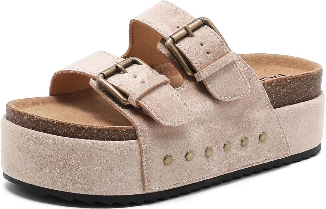 Women's Platform Clogs Sandals Cork Footbed with Comfort Double Buckles, Summer Platform Slides Mules, Summer Beach Comfort Wide  7