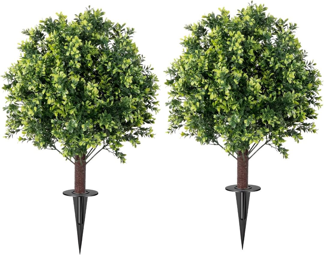 Artificial Boxwood Topiary Ball Tree Set of 2, UV Resistant Artificial Outdoor Shrubs with Spike, Decorative Evergreen Fake Topiary Bushes Plant for Front Porch Garden