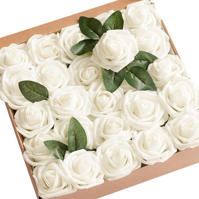 Ling's moment Artificial Flowers 25Pcs Ivory Roses Decor w/Stems, 3" Real Touch DIY Foam Floral for Wedding Bouquet/Centerpieces, Outdoors Party Backdrop, Room/Table, and Garden/Pot Decorations