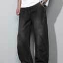 Mens Baggy Jeans Wide Leg Casual Irregular Sutures Denim Pants (Black, XXL)