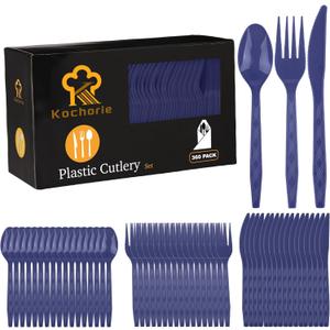 Kochorie 360 Pieces Navy Blue Plastic Cutlery Set Disposable Plastic Utensils Heavy Duty Flatware Set Include 120 Knives 120 Forks 120 Spoons for Wedding Birthday Party Supply